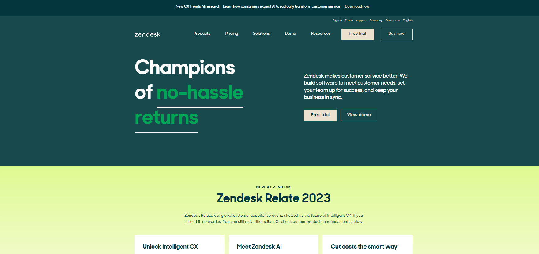 Zendesk customer service software homepage showcasing AI-powered customer support, helpdesk software, customer experience solutions, and Zendesk AI.