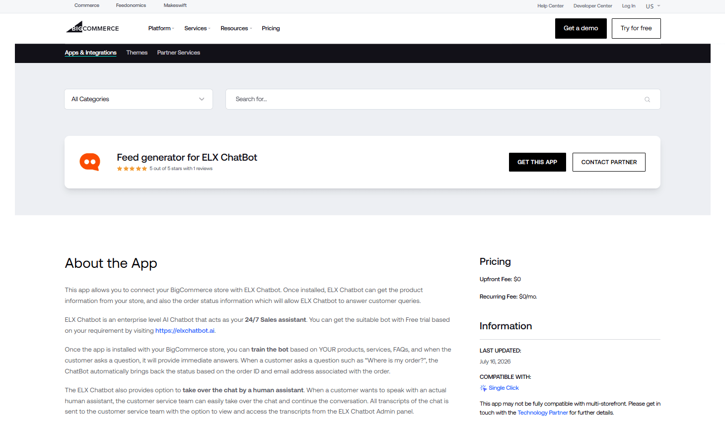 ELX Chatbot BigCommerce app marketplace listing showing AI chatbot integration for customer support, product recommendations, and order tracking.